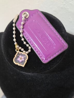 Coach Large Purple Patent Leather hang Tag Key & Dried Floral Enamel Charm